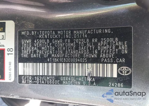 2014 Toyota Avalon Limited from USA, damaged, VIN 4T1BK1EB2EU094025